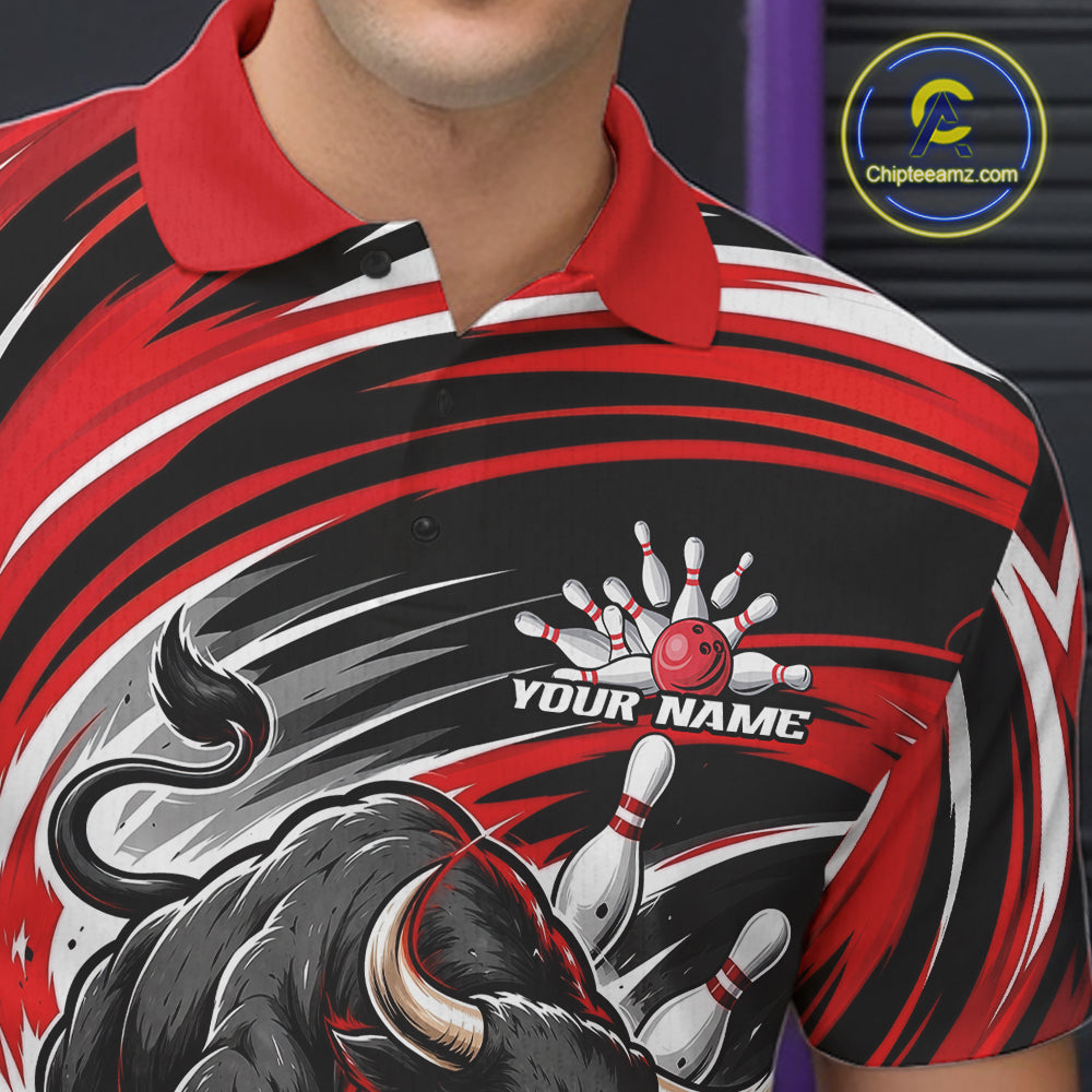 Custom Black And Red Angry Bull Bowling Jerseys, Bowling Team League Men Polo Shirt IPHW11818