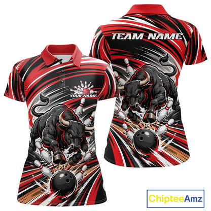 Custom Black And Red Angry Bull Bowling Jerseys, Bowling Team League Women Polo Shirt IPHW11818