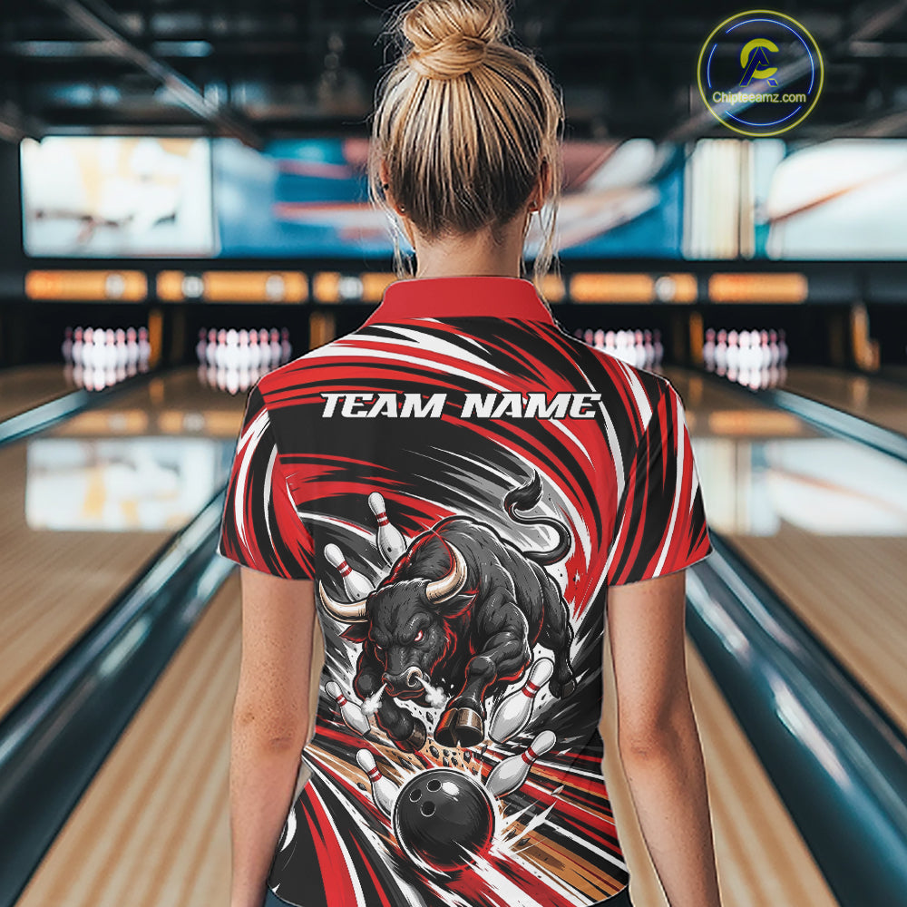 Custom Black And Red Angry Bull Bowling Jerseys, Bowling Team League Women Polo Shirt IPHW11818