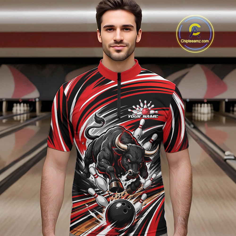 Custom Black And Red Angry Bull Bowling Jerseys, Bowling Team League Men Quarter Zip Shirt IPHW11818