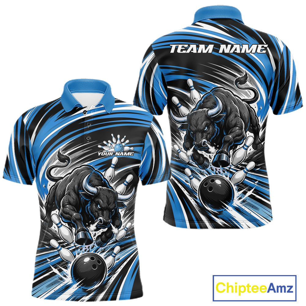 Custom Black And Blue Angry Bull Bowling Jerseys, Bowling Team League Men Polo Shirt IPHW11819