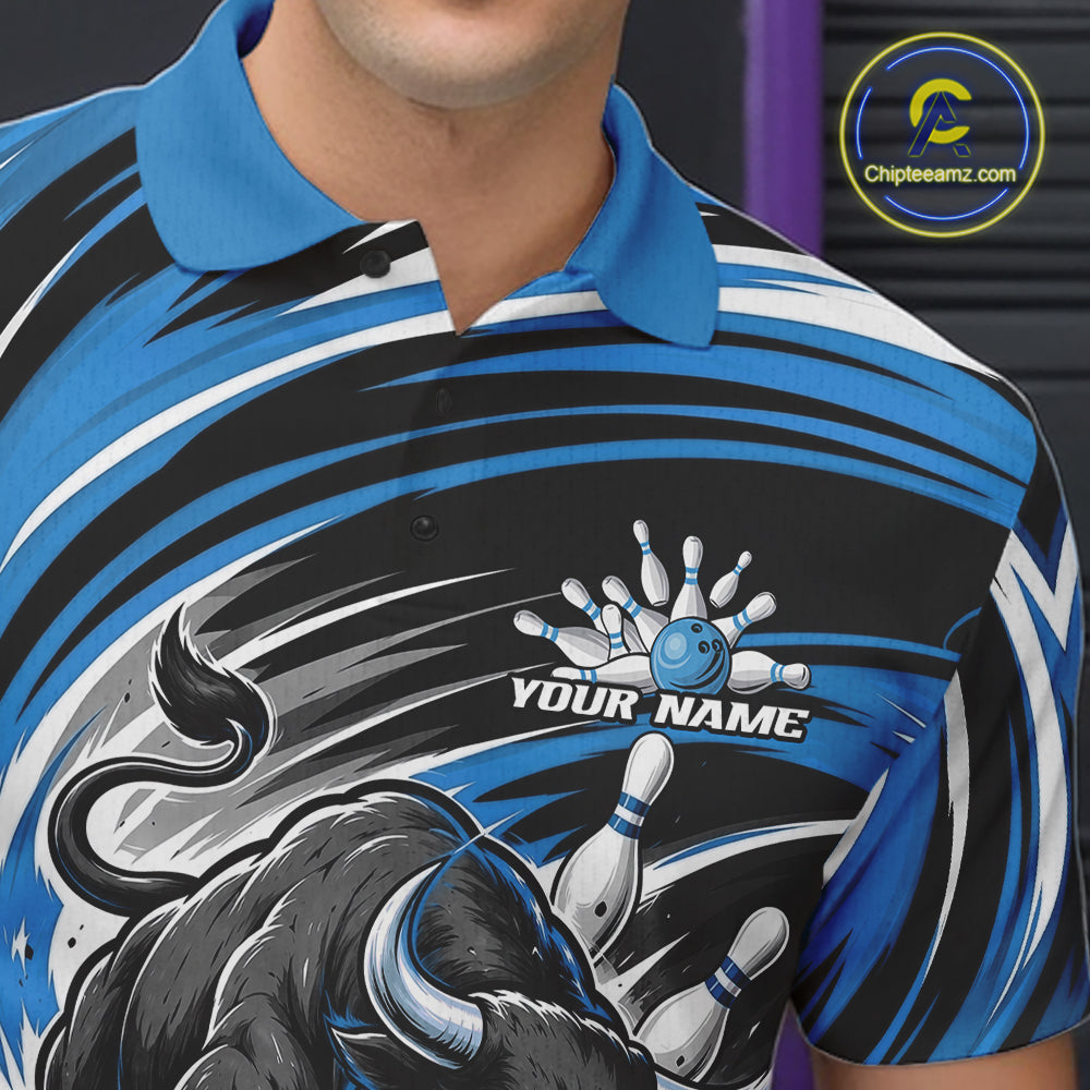 Custom Black And Blue Angry Bull Bowling Jerseys, Bowling Team League Men Polo Shirt IPHW11819