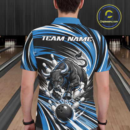Custom Black And Blue Angry Bull Bowling Jerseys, Bowling Team League Men Polo Shirt IPHW11819