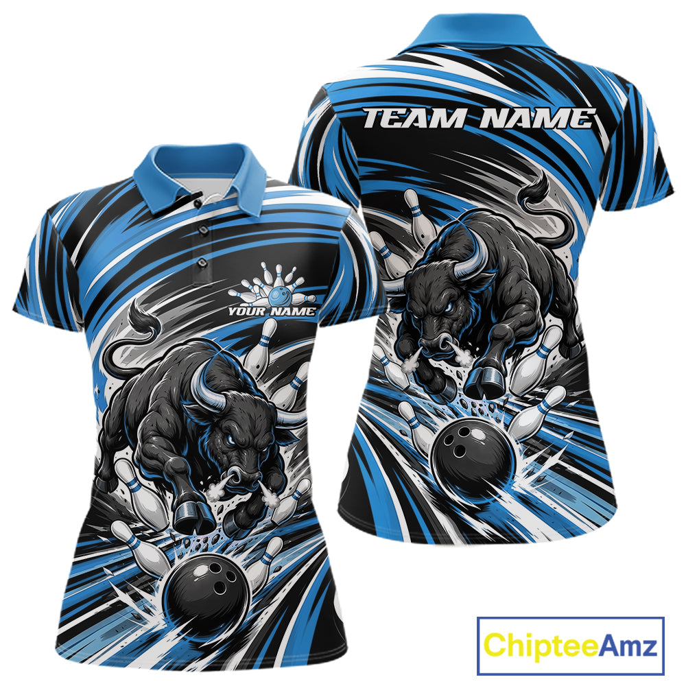 Custom Black And Blue Angry Bull Bowling Jerseys, Bowling Team League Women Polo Shirt IPHW11819