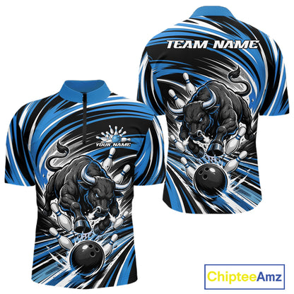 Custom Black And Blue Angry Bull Bowling Jerseys, Bowling Team League Men Quarter Zip Shirt IPHW11819