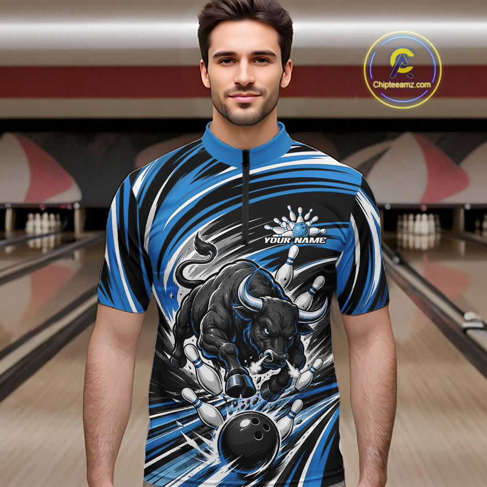 Custom Black And Blue Angry Bull Bowling Jerseys, Bowling Team League Men Quarter Zip Shirt IPHW11819