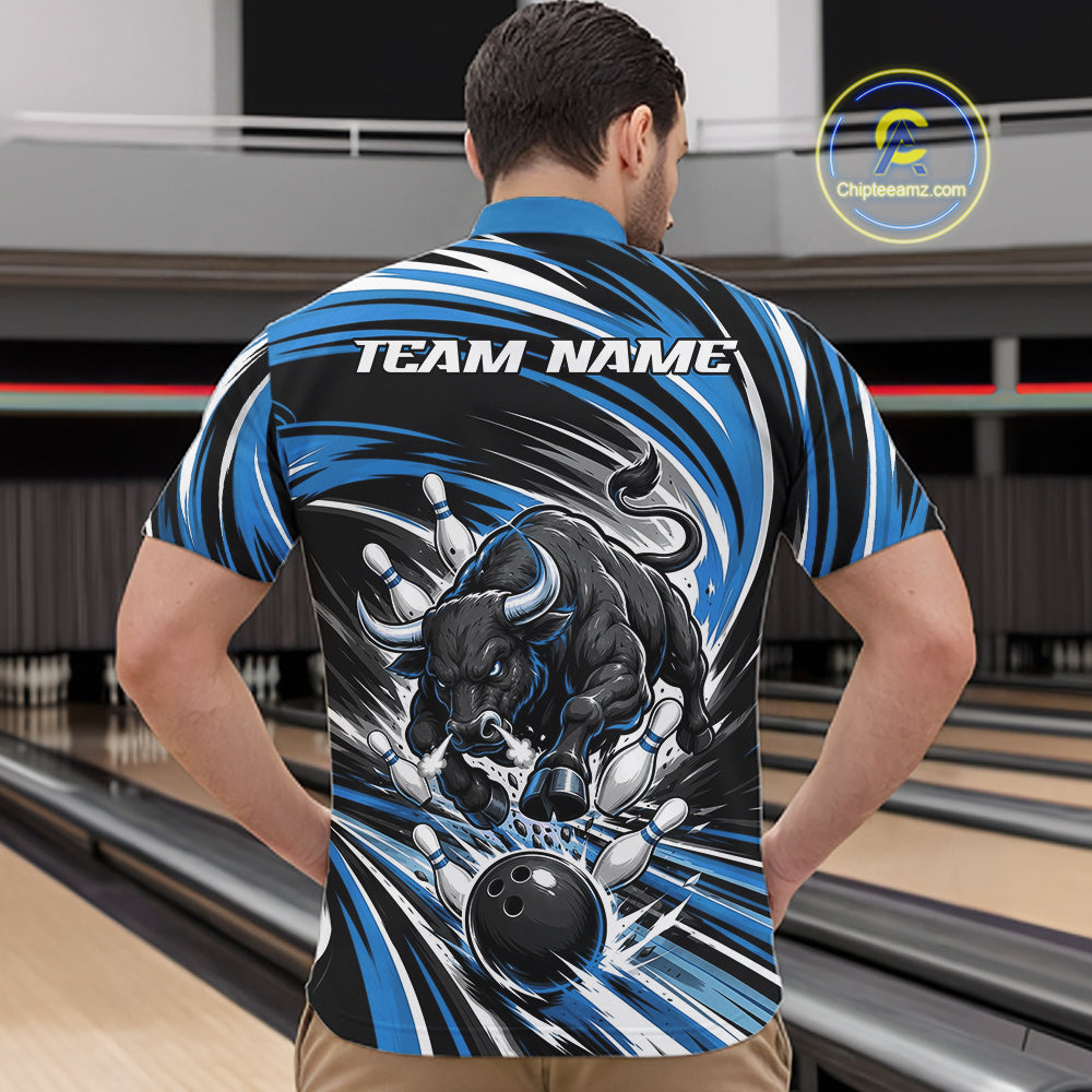 Custom Black And Blue Angry Bull Bowling Jerseys, Bowling Team League Men Quarter Zip Shirt IPHW11819