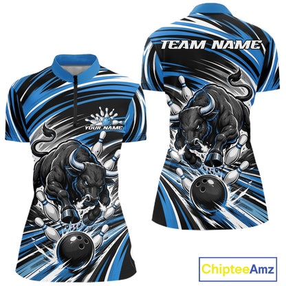 Custom Black And Blue Angry Bull Bowling Jerseys, Bowling Team Women Quarter-Zip Shirt IPHW11819