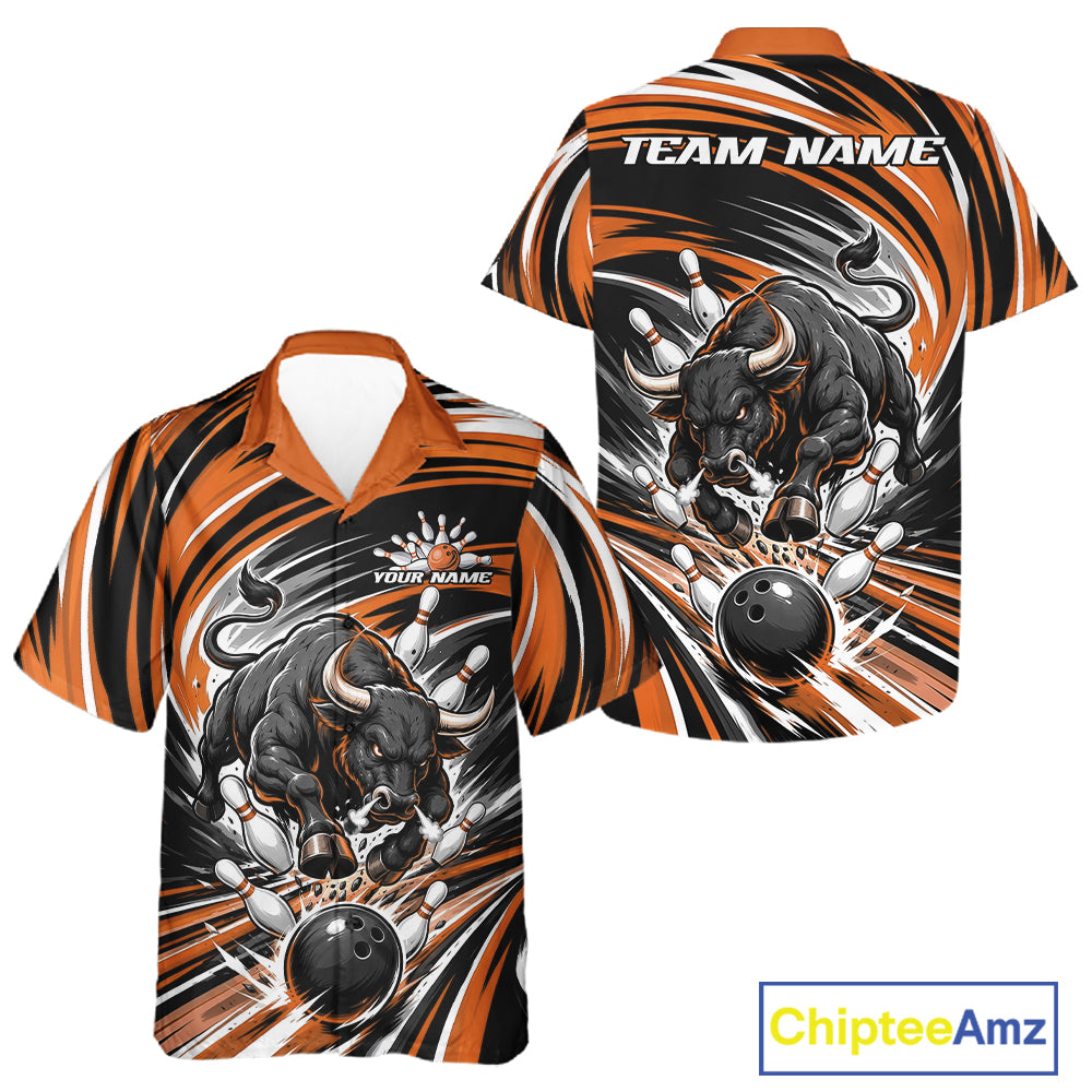 Custom Black And Orange Angry Bull Bowling Jerseys, Bowling Team League Men And Women Button Up Shirt IPHW11820