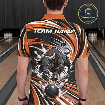 Custom Black And Orange Angry Bull Bowling Jerseys, Bowling Team League Men Polo Shirt IPHW11820