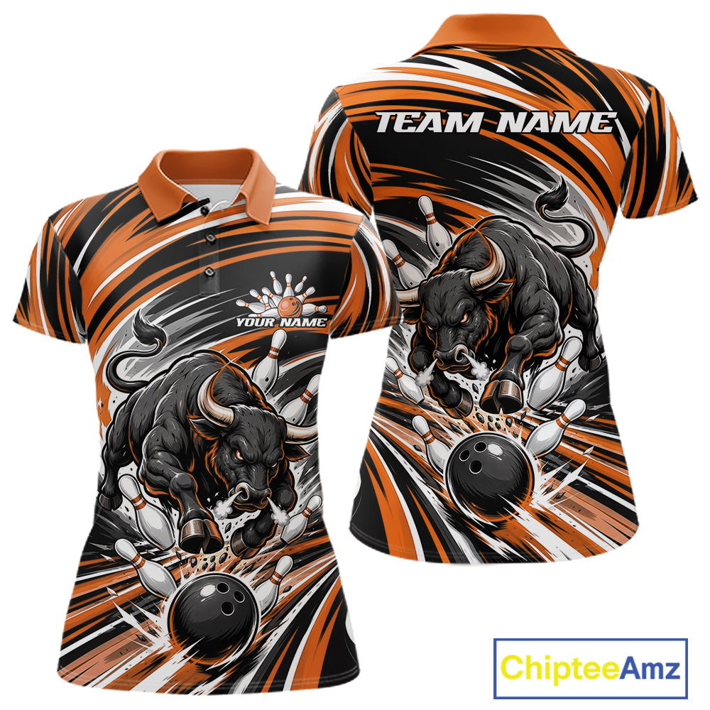 Custom Black And Orange Angry Bull Bowling Jerseys, Bowling Team League Women Polo Shirt IPHW11820
