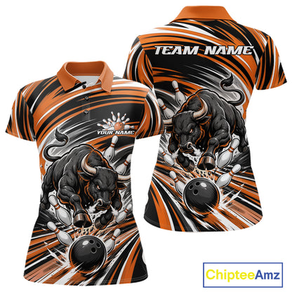 Custom Black And Orange Angry Bull Bowling Jerseys, Bowling Team League Women Polo Shirt IPHW11820
