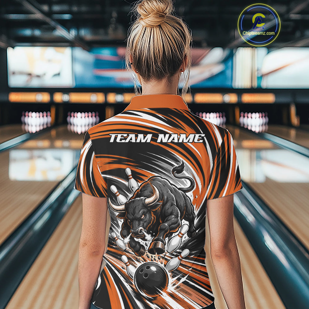 Custom Black And Orange Angry Bull Bowling Jerseys, Bowling Team League Women Polo Shirt IPHW11820
