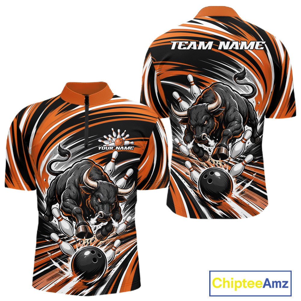 Custom Black And Orange Angry Bull Bowling Jerseys, Bowling Team League Men Quarter Zip Shirt IPHW11820