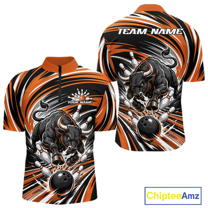 Custom Black And Orange Angry Bull Bowling Jerseys, Bowling Team League Men Quarter Zip Shirt IPHW11820