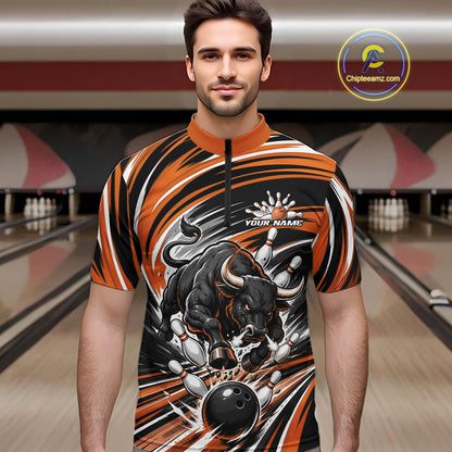 Custom Black And Orange Angry Bull Bowling Jerseys, Bowling Team League Men Quarter Zip Shirt IPHW11820