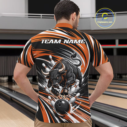 Custom Black And Orange Angry Bull Bowling Jerseys, Bowling Team League Men Quarter Zip Shirt IPHW11820
