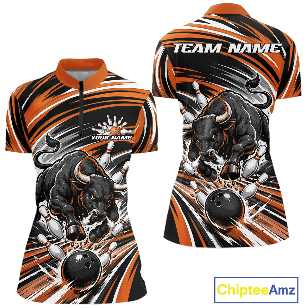 Custom Black And Orange Angry Bull Bowling Jerseys, Bowling Team Women Quarter-Zip Shirt IPHW11820