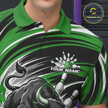 Custom Black And Green Angry Bull Bowling Jerseys, Bowling Team League Men Polo Shirt IPHW11821