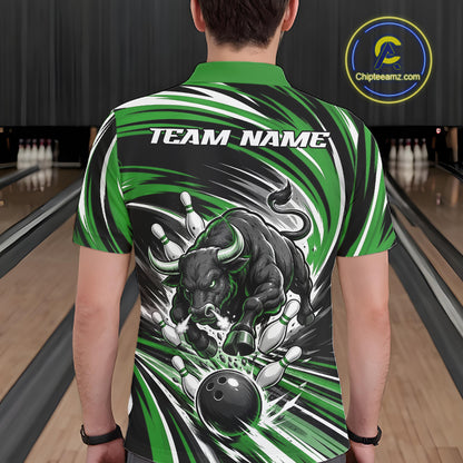 Custom Black And Green Angry Bull Bowling Jerseys, Bowling Team League Men Polo Shirt IPHW11821