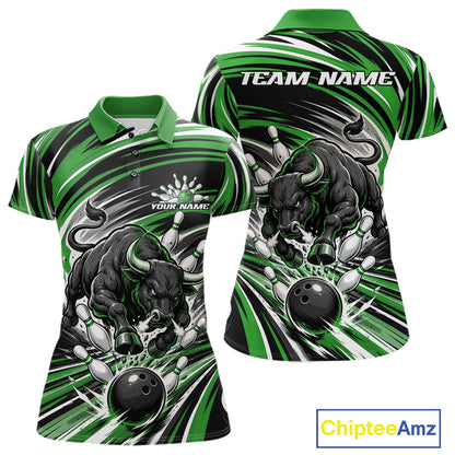 Custom Black And Green Angry Bull Bowling Jerseys, Bowling Team League Women Polo Shirt IPHW11821