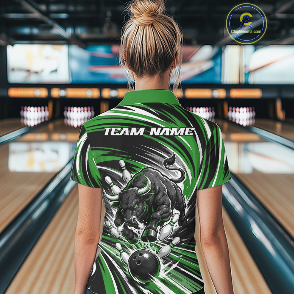 Custom Black And Green Angry Bull Bowling Jerseys, Bowling Team League Women Polo Shirt IPHW11821