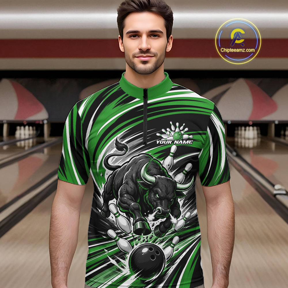Custom Black And Green Angry Bull Bowling Jerseys, Bowling Team League Men Quarter Zip Shirt IPHW11821