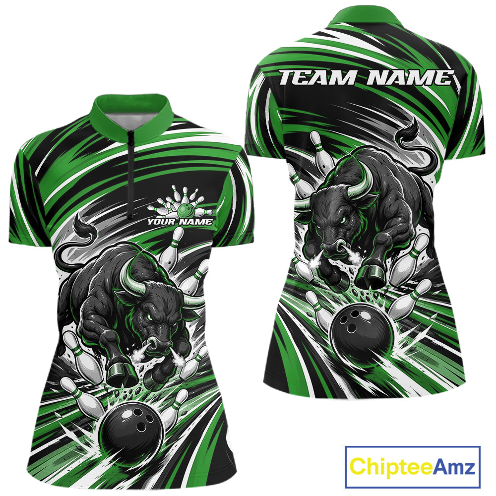 Custom Black And Green Angry Bull Bowling Jerseys, Bowling Team Women Quarter-Zip Shirt IPHW11821