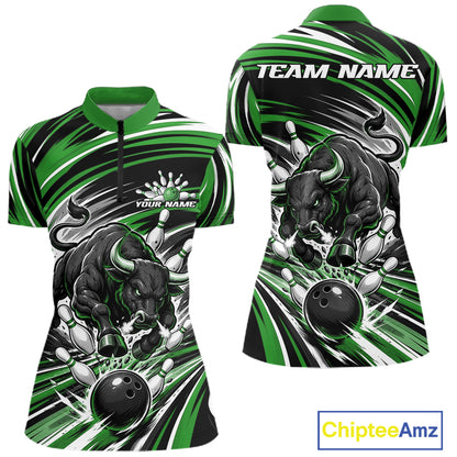 Custom Black And Green Angry Bull Bowling Jerseys, Bowling Team Women Quarter-Zip Shirt IPHW11821