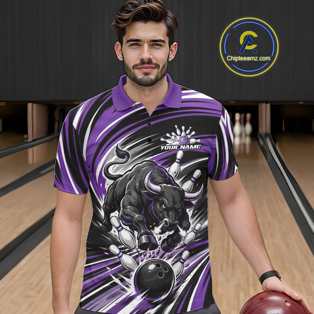 Custom Black And Purple Angry Bull Bowling Jerseys, Bowling Team League Men Polo Shirt IPHW11822