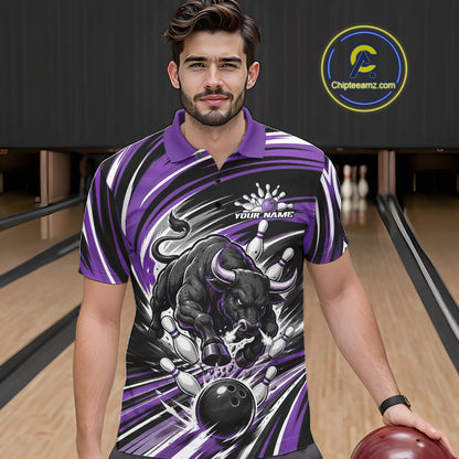 Custom Black And Purple Angry Bull Bowling Jerseys, Bowling Team League Men Polo Shirt IPHW11822