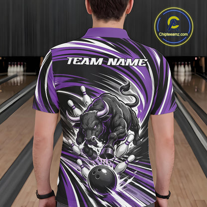 Custom Black And Purple Angry Bull Bowling Jerseys, Bowling Team League Men Polo Shirt IPHW11822