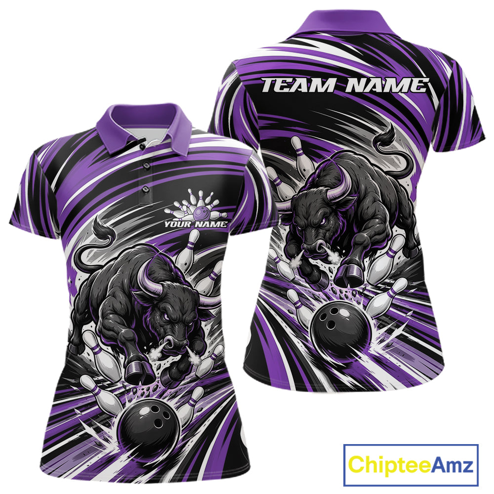 Custom Black And Purple Angry Bull Bowling Jerseys, Bowling Team League Women Polo Shirt IPHW11822