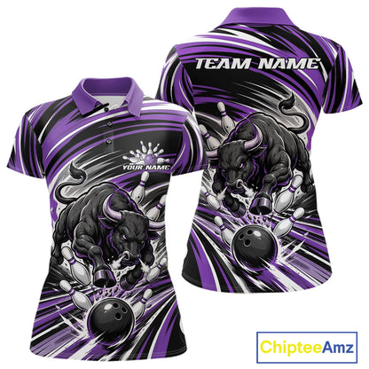 Custom Black And Purple Angry Bull Bowling Jerseys, Bowling Team League Women Polo Shirt IPHW11822