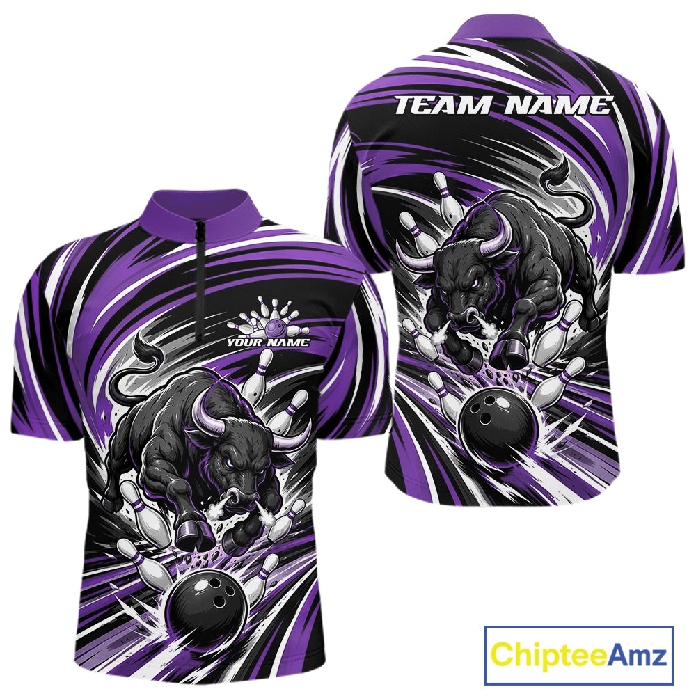 Custom Black And Purple Angry Bull Bowling Jerseys, Bowling Team League Men Quarter Zip Shirt IPHW11822