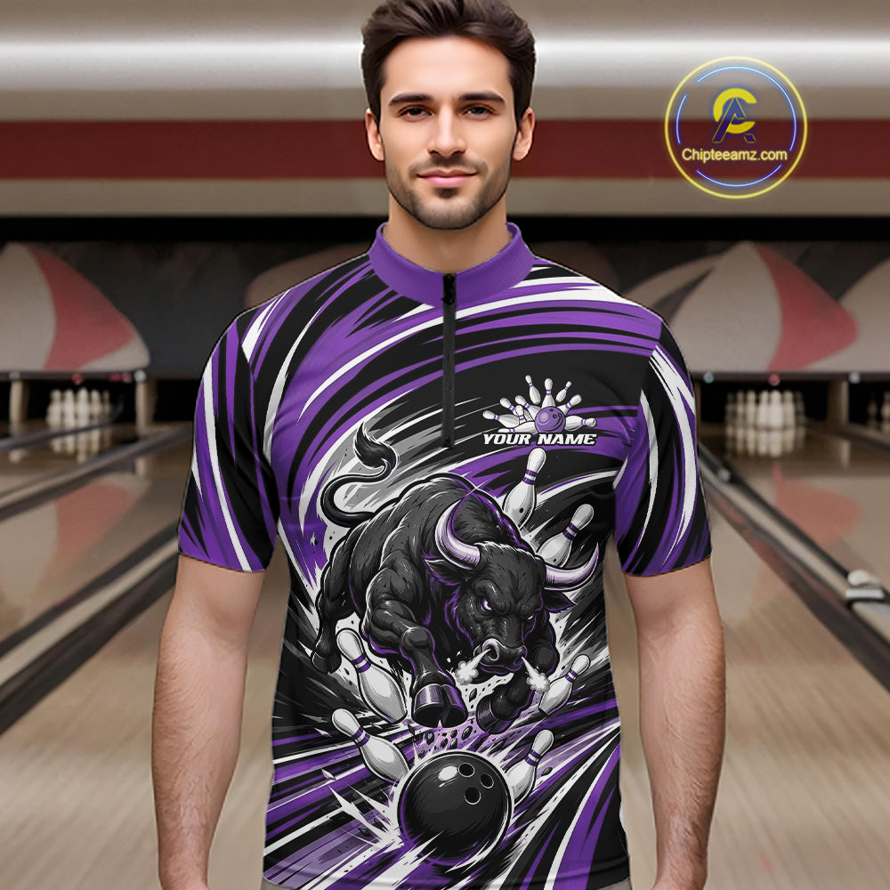 Custom Black And Purple Angry Bull Bowling Jerseys, Bowling Team League Men Quarter Zip Shirt IPHW11822