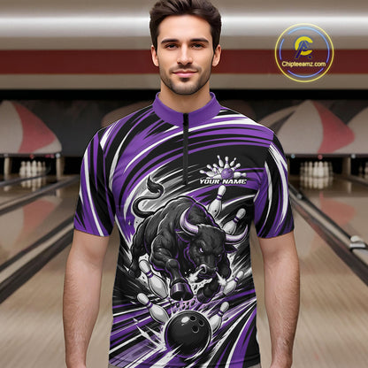 Custom Black And Purple Angry Bull Bowling Jerseys, Bowling Team League Men Quarter Zip Shirt IPHW11822