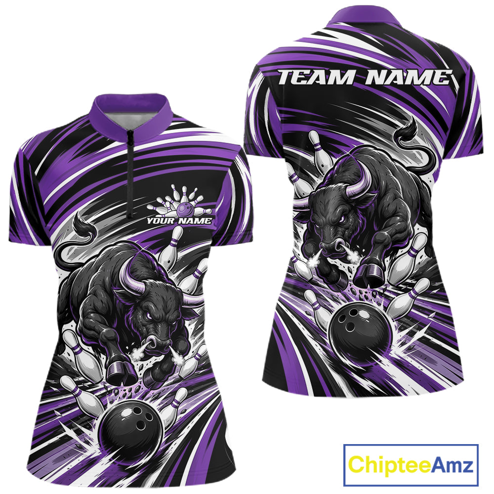 Custom Black And Purple Angry Bull Bowling Jerseys, Bowling Team Women Quarter-Zip Shirt IPHW11822