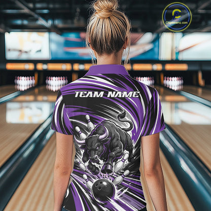 Custom Black And Purple Angry Bull Bowling Jerseys, Bowling Team Women Quarter-Zip Shirt IPHW11822