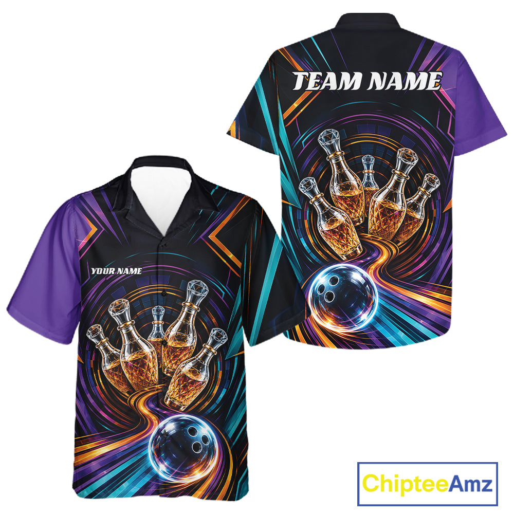 Custom Colorful Wine Bowling Men And Women Button Up Shirts, Wine Lovers Bowling Team Jersey IPHW11829