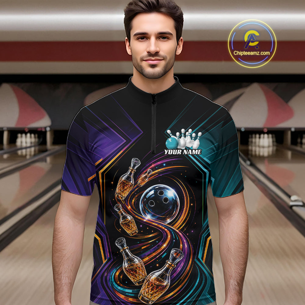 Custom Colorful Wine Bowling Men Quarter Zip Shirts, Wine Lovers Bowling Team Jersey IPHW11830