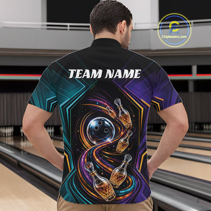 Custom Colorful Wine Bowling Men Quarter Zip Shirts, Wine Lovers Bowling Team Jersey IPHW11830