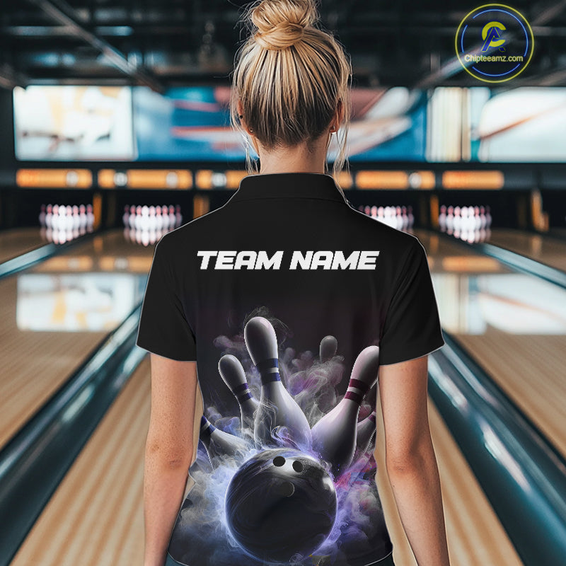 Custom Women Bowling Quarter Zip Shirts Smoke Bowling Team Jerseys Strike Bowling Shirts IPHW5402
