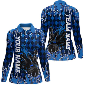 Blue Argyle Pattern Custom Flame Strike Ladies Bowling Shirts, Bowling Team Bowler Outfit IPHW7896