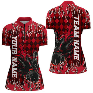 Red Argyle Pattern Custom Flame Strike Ladies Bowling Shirts, Bowling Team Bowler Outfit IPHW7897