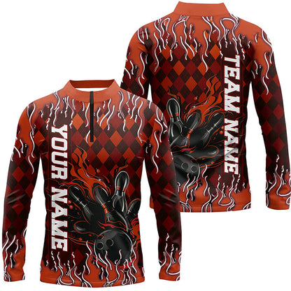 Orange Argyle Pattern Custom Flame Strike Bowling Shirts For Men, Bowling Team Shirt Outfit IPHW7898