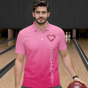 Pink Bowling Heart Custom Valentines Bowling Polo Shirts For Men, Bowling Couple Shirt IPHW8338