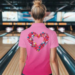 Pink Bowling Heart Custom Valentines Bowling Polo Shirts For Women, Bowling Couple Shirt IPHW8338