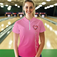 Load image into Gallery viewer, Pink Bowling Heart Custom Valentines Bowling Quarter-Zip Shirts For Women IPHW8338