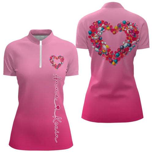 Pink Bowling Heart Custom Valentines Bowling Quarter-Zip Shirts For Women IPHW8338